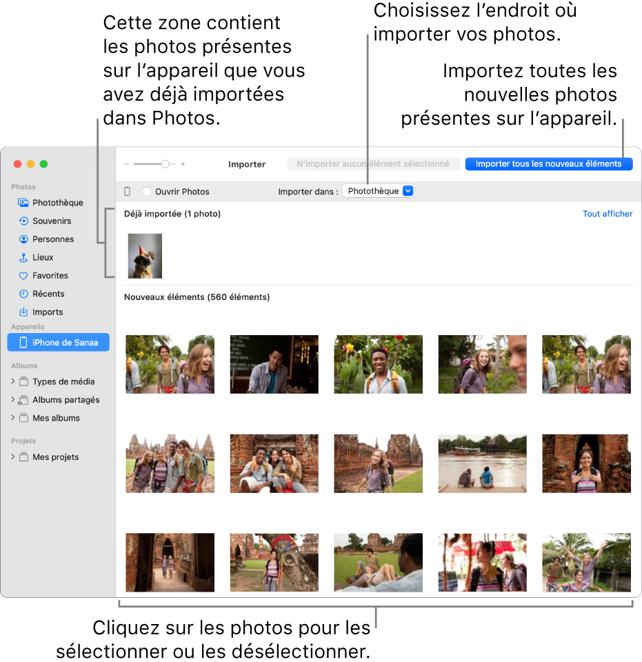 Les photos présentes sur l’appareil que vous avez déjà importées apparaissent en haut de la sous-fenêtre. Les nouvelles photos apparaissent en bas. En haut et au centre se trouve le menu local « Importer vers ». Le bouton « Importer tous les nouveaux éléments » se trouve en haut à droite.