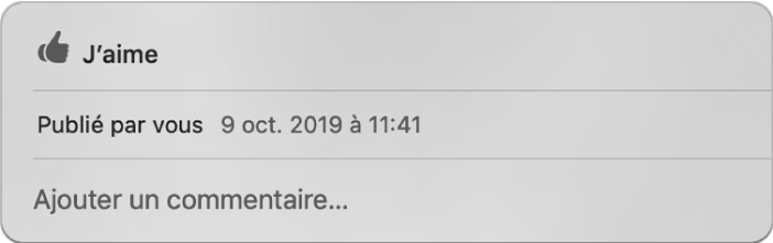 Une fenêtre affichant les options « J’aime » et « Commentaire » pour une photo partagée.