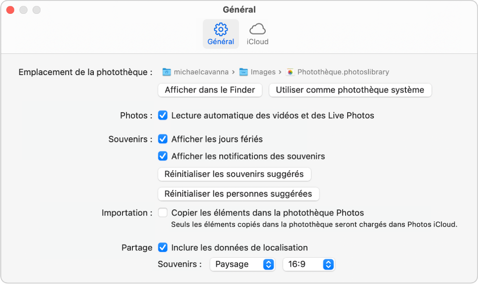 La sous-fenêtre Général des préférences Photos.