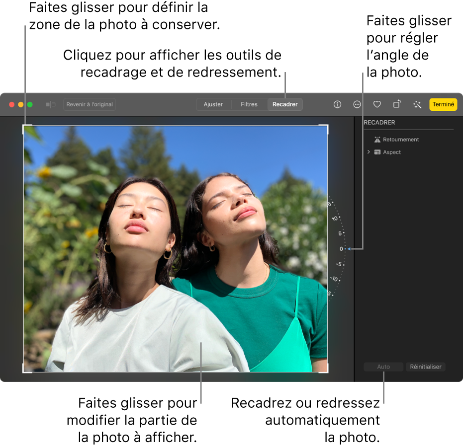 Une photo en mode édition, avec l’outil Recadrer sélectionné dans la barre d’outils, un rectangle de sélection autour de la photo, une roue d’inclination à droite de la photo et un bouton Auto en bas à droite.