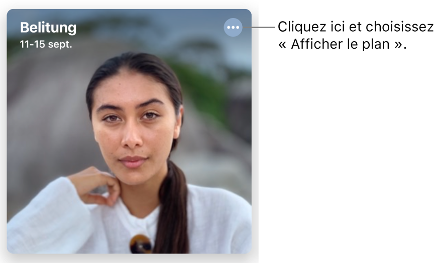 Une photo illustrant des photos prises pendant une journée donnée, avec les informations d’emplacement en haut à gauche et un bouton en haut à droite proposant plus d’options, dont celle permettant d’afficher un plan.