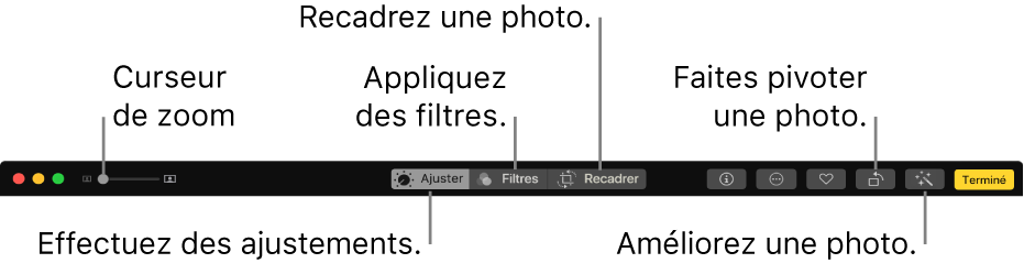 La barre d’outils de modification montrant un curseur de zoom et des boutons permettant de procéder à des ajustements, d’ajouter des filtres et de recadrer, faire pivoter et améliorer des photos.