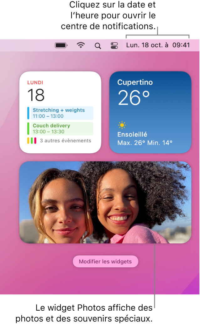 Le widget Photos dans le centre de notifications.