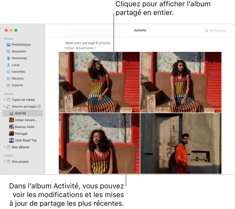 La fenêtre Photos avec Activité sélectionné dans la barre latérale et l’album Activité affiché à droite.