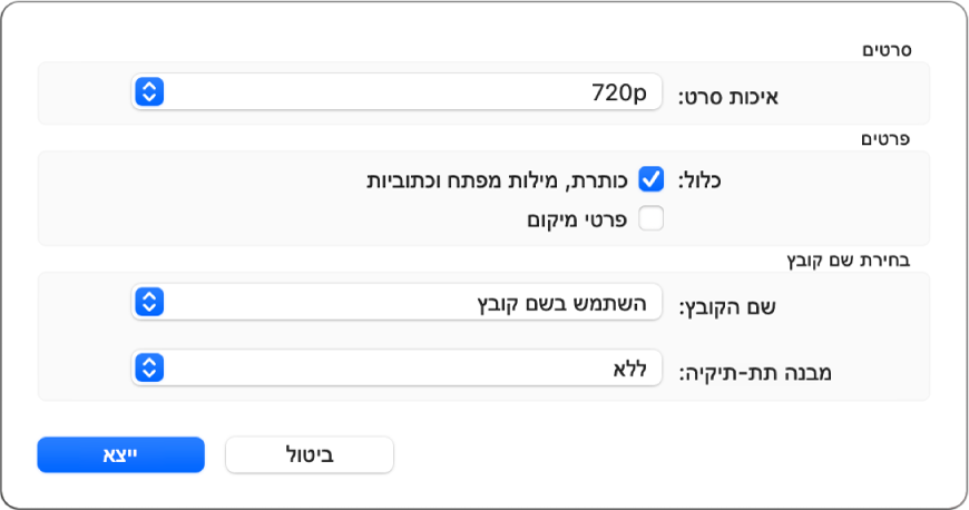 תיבת דו-שיח המציגה אפשרויות לייצוא סרטונים.