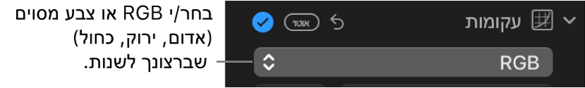 כלי הבקרה ״עקומות״ בחלונית ״התאם״ שבו נבחרה האפשרות RGB בתפריט הקופצני.