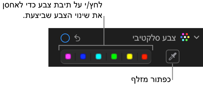 כלי בקרה של ״צבע סלקטיבי״ בחלונית ״התאם״, המציג את הכפתור ״טפטפת עיניים״ ומאגרי צבעים.