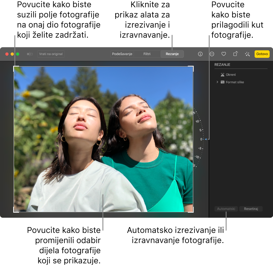 Fotografija u prikazu za uređivanje, odabrana je opcija Izreži u alatnoj traci, pravokutnik odabira nalazi se oko fotografije, nagibni kotačić nalazi se zdesna fotografije, a tipka Auto nalazi se u donjem desnom kutu.