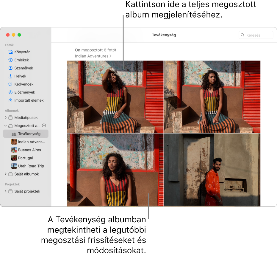 A Fotók ablaka az oldalsávon a kiválasztott Tevékenység elemmel; a jobb oldalon a Tevékenység album látható.