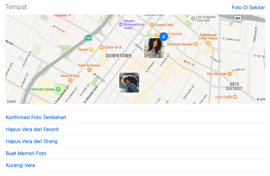 Peta dengan gambar mini menampilkan lokasi tempat foto orang diambil, dan perintah di bawah peta untuk mengubah pengaturan Orang.