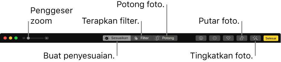 Bar alat Edit menampilkan penggeser Zoom dan tombol untuk membuat penyesuaian, menambahkan filter, memotong foto, memutar foto, dan meningkatkan foto.