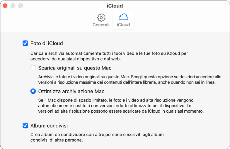 Il pannello iCloud delle preferenze di Foto.