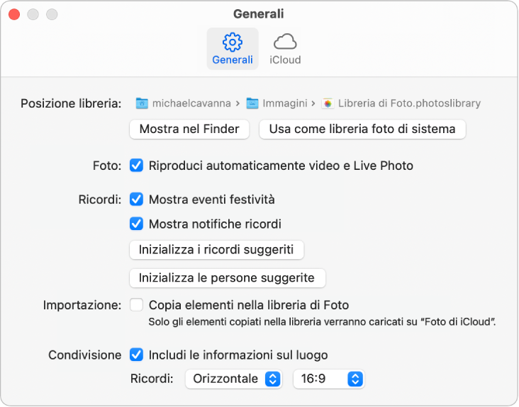 Il pannello Generale delle preferenze di Foto.