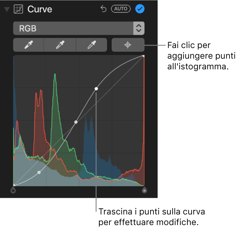 I controlli Curve nel pannello Regola, che mostrano il pulsante “Aggiungi punti” nella parte superiore destra e l'istogramma RGB al di sotto.