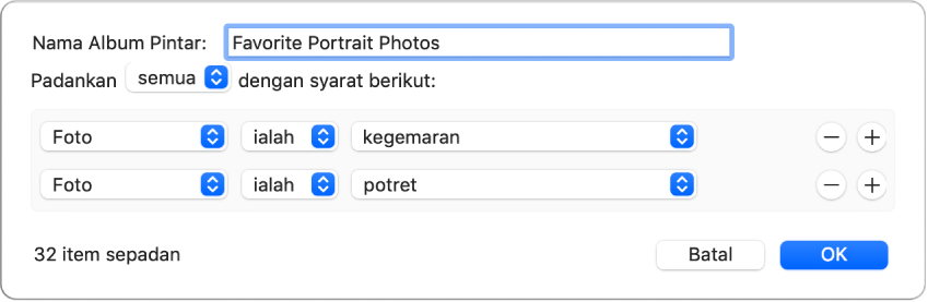 Dialog menunjukkan kriteria untuk Album Pintar yang mengumpul foto potret yang telah ditandakan sebagai kegemaran.