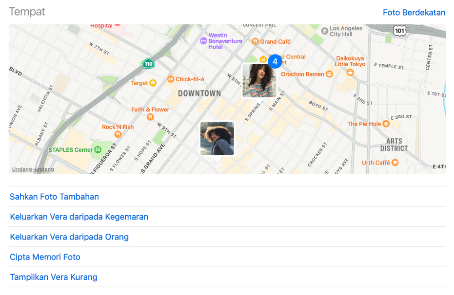 Peta dengan imej kecil menunjukkan lokasi foto orang diambil dan arahan di bawah peta untuk menukar seting Orang.