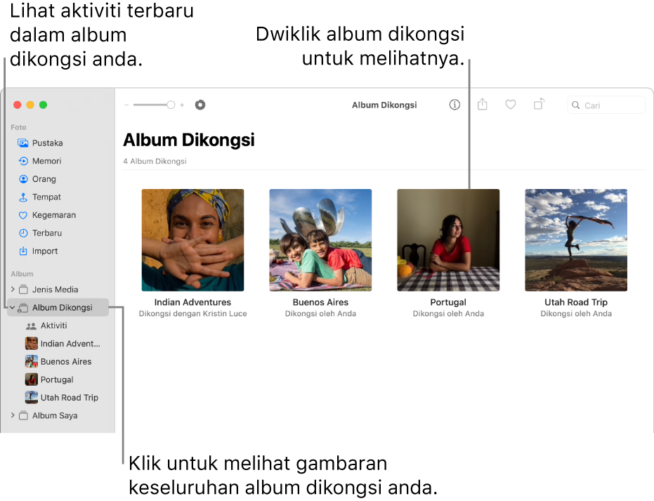 Tetingkap foto menunjukkan Album Dikongsi dipilih dalam bar sisi dan album dikongsi muncul di sebelah kanan.