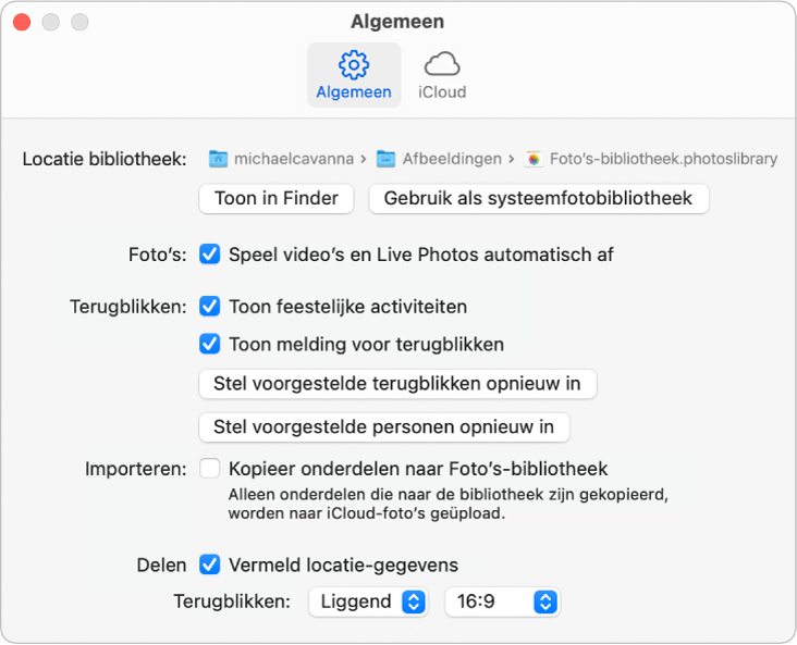 Het paneel 'Algemeen' in het voorkeurenvenster van Foto's.