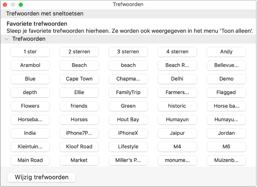 Trefwoorden in het venster 'Trefwoordbeheer', met bovenin het gebied 'Trefwoorden met sneltoetsen' en linksonder de knop 'Wijzig trefwoorden'.