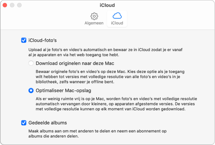 Het paneel 'iCloud' in het voorkeurenvenster van Foto's.