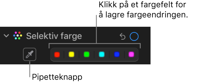 Selektiv farge-kontroller i Juster-panelet, som viser Pipette-knappen og fargefelt.