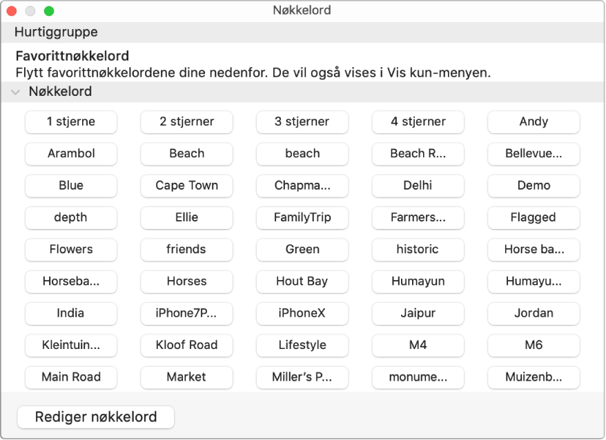 Nøkkelord i Nøkkelordorganisering-vinduet med Hurtiggruppe-området øverst og en Rediger nøkkelord-knapp nede til venstre.