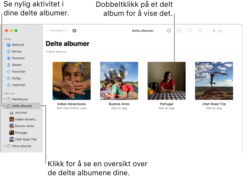 Bilder-vinduet, som viser Delte album markert i sidepanelet og delte album til høyre.