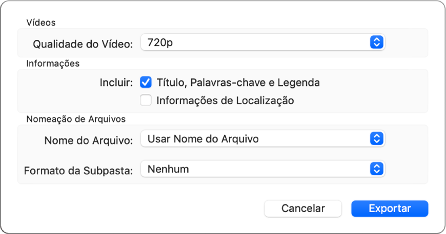 Uma caixa de diálogo mostrando opções para exportar vídeos.