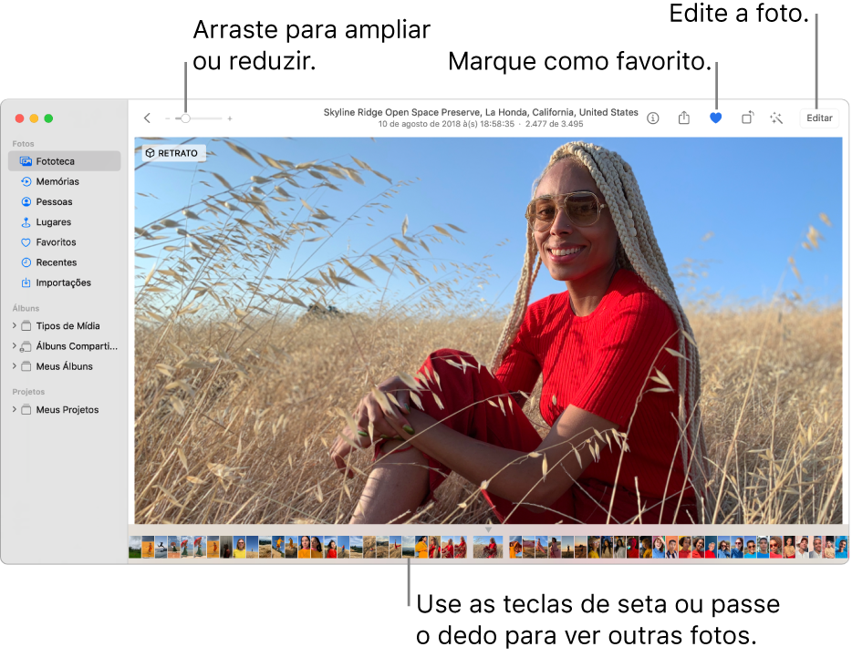 A janela Fotos mostrando uma foto ampliada à direita com uma fileira de miniaturas abaixo. A barra de ferramentas na parte superior inclui o controle deslizante de Zoom, o botão Favoritos e o botão Editar.