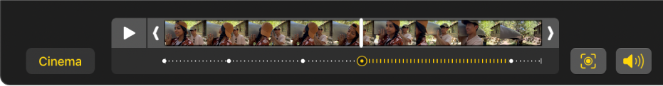 Visualizador de fotogramas mostrando os fotogramas do vídeo no modo Cinema, com o botão Cinema à esquerda e o botão Áudio à direita.