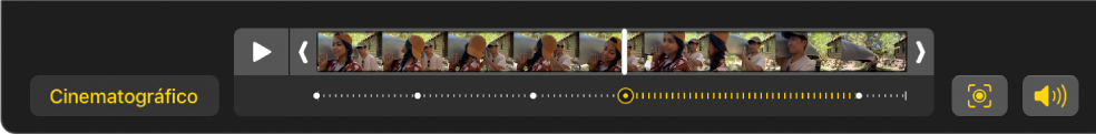 Um visualizador de fotogramas mostra os fotogramas de um vídeo no modo cinematográfico, com o botão “Cinematográfico” à esquerda e um botão “Áudio” à direita.