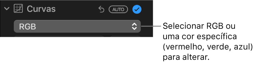Os controlos de curvas no painel Ajustar com a opção RGB selecionada no menu pop‑up.