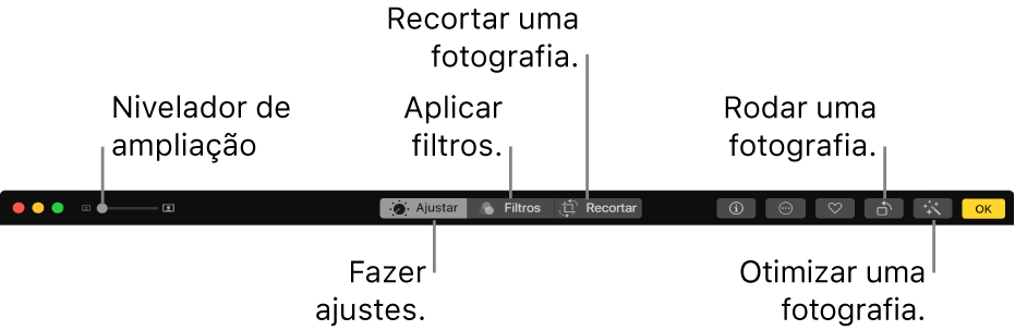 A barra de ferramentas de edição a mostrar o nivelador de ampliação e os botões para efetuar ajustes, adicionar filtros, recortar fotografias, rodar fotografias e melhorar fotografias.