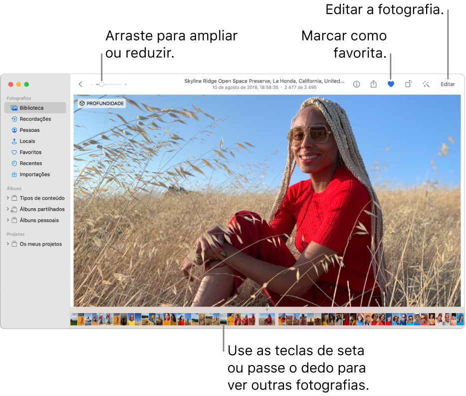 A janela de Fotografias que mostra uma fotografia ampliada à direita e uma linha de miniaturas por baixo. A barra de ferramentas na parte superior inclui o nivelador de ampliação, o botão Favorito e o botão Editar.