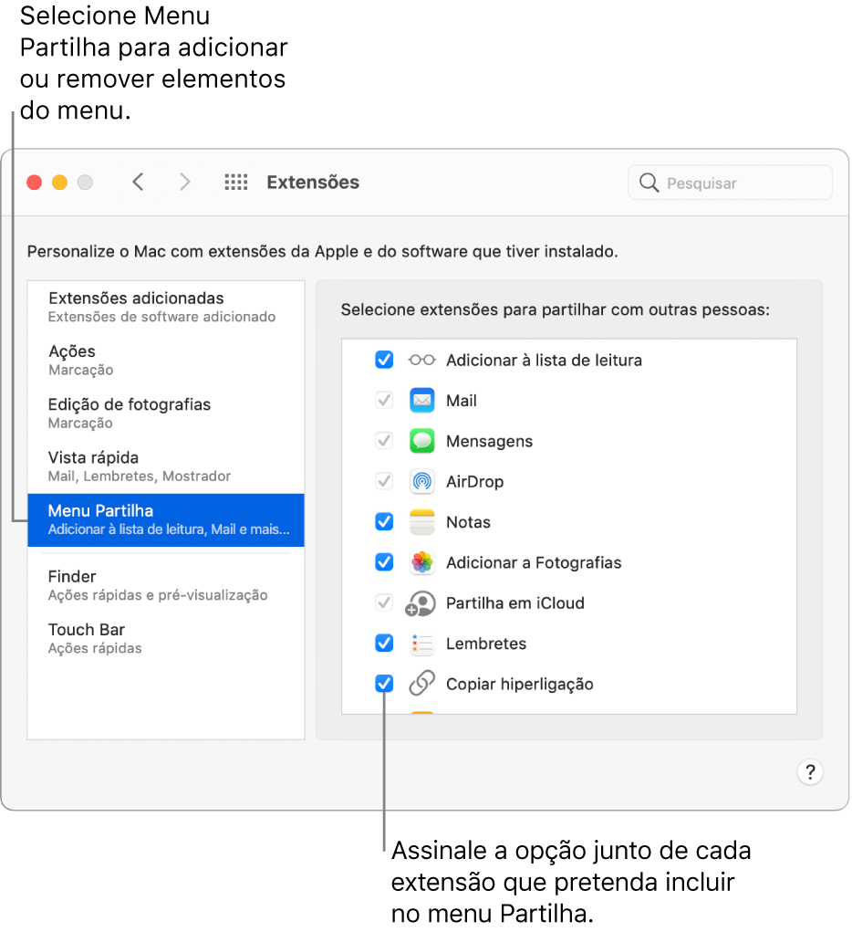 O painel Extensões das Preferências do Sistema, com a opção Menu Partilha selecionada e uma lista de extensões de terceiros à direita.