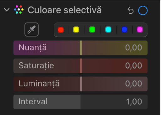 Comenzile Culoare selectivă din panoul Ajustare afișând glisoarele Nuanță, Saturație, Luminanță și Interval.