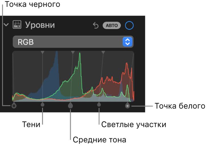 Элементы управления уровнями в панели «Коррекция». Показана гистограмма RGB с маркерами внизу (слева направо): точка черного, тени, средние тона, светлые участки и точка белого.