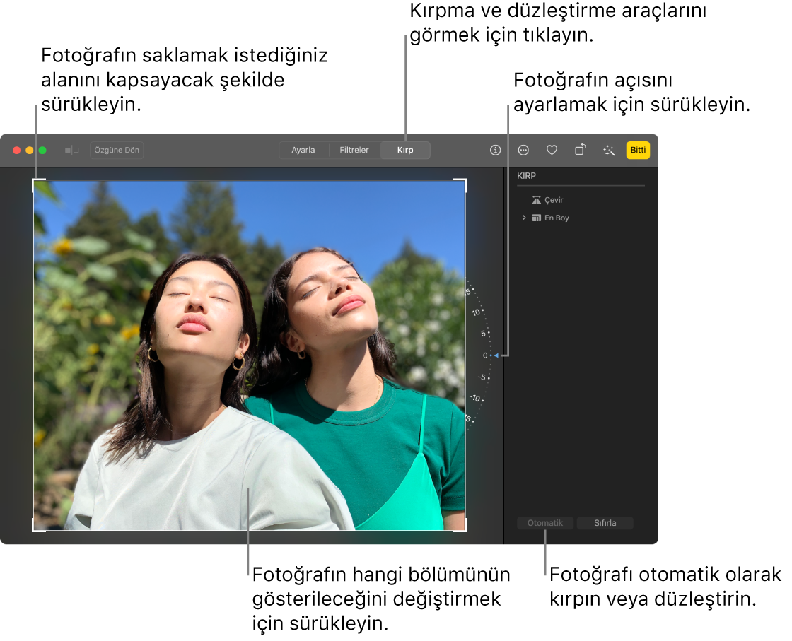 Düzenleme görüntüsünde bir fotoğraf, araç çubuğunda Kırp seçili, fotoğrafın etrafında bir seçim dikdörtgeni, fotoğrafın sağına doğru bir eğim tekerleği ve sağ altta bir Otomatik düğmesi.