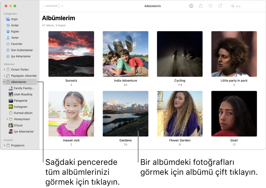 Kenar çubuğunda Albümlerim seçiliyken görünen Fotoğraflar penceresi ve sağdaki pencerede görüntülenen yarattığınız albümler.