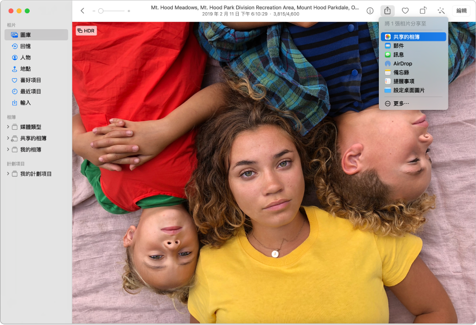 「相片」視窗顯示相片，而工具列中的「分享」按鈕下方已開啟「分享」選單。