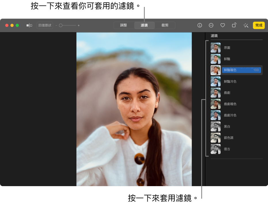 使用編輯顯示方式的相片，已在工具列中選取「濾鏡」，右側有濾鏡選項。