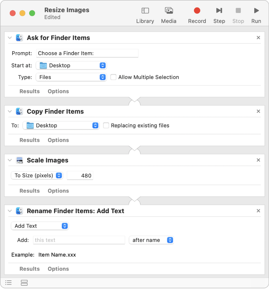 An Automator workflow with four actions.