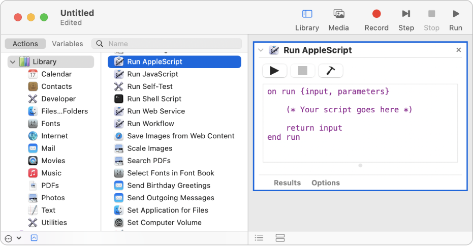 La fenêtre Automator avec une action Exécuter AppleScript.