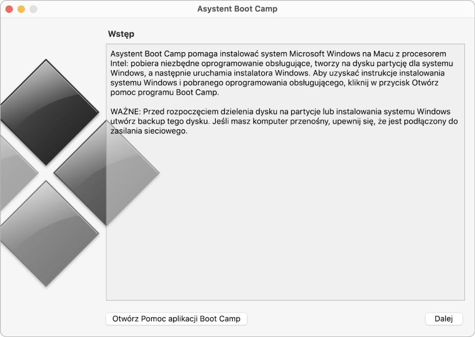 Panel wprowadzający Boot Camp, pokazujący przycisk pozwalający wyświetlić pomoc oraz przycisk pozwalający kontynuować instalację.