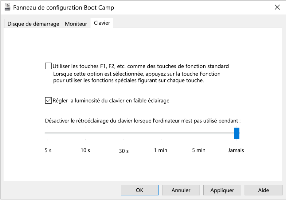 Le panneau de configuration Boot Camp affichant la sous-fenêtre des options Clavier où vous pouvez choisir des réglages concernant la luminosité du clavier et le fonctionnement des touches de fonction.