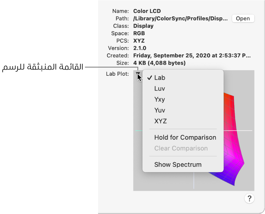 تظهر القائمة المنبثقة رسم lab في الزاوية العلوية اليمنى.