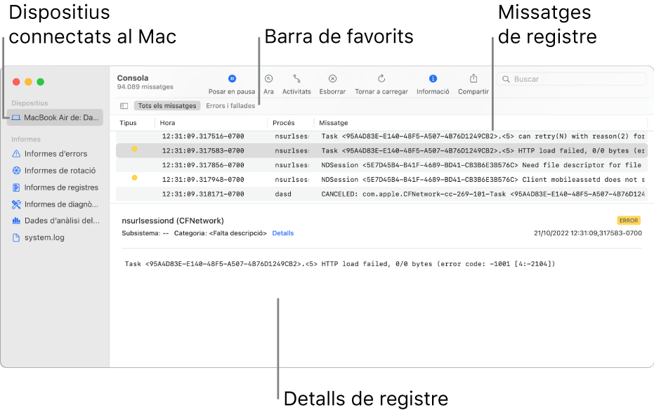 Finestra de la Consola que mostra els dispositius connectats al Mac a l’esquerra, els missatges de registre a la dreta i els detalls del registre a la part inferior; també conté una barra de favorits que mostra les teves cerques desades.