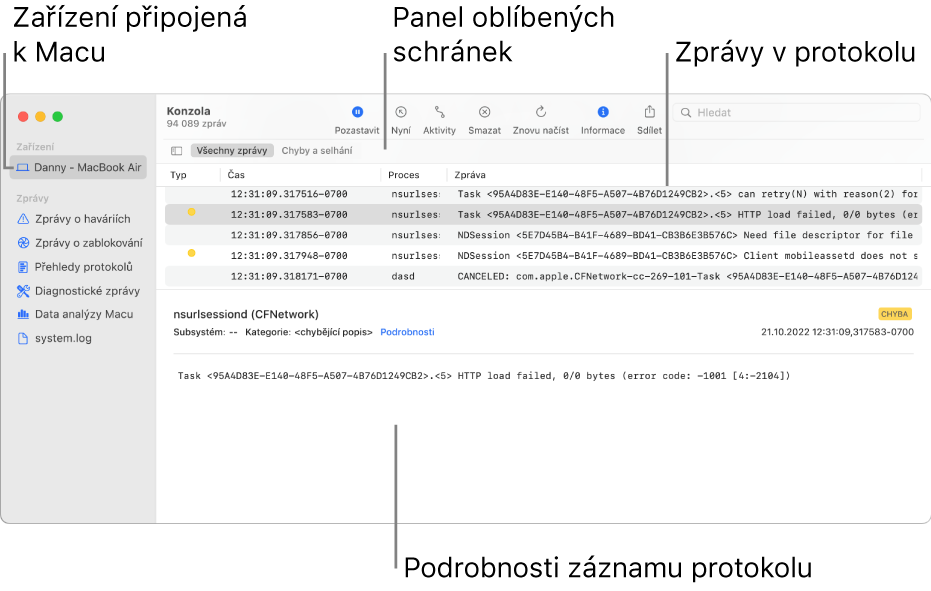 Okno Konzoly, v němž jsou nalevo zobrazena zařízení připojená k Macu, napravo zprávy protokolu a u dolního okraje podrobnosti protokolu; je zde také zobrazen panel Oblíbené s uloženými hledáními