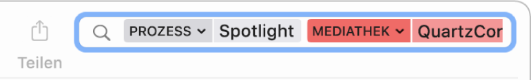 Das Suchfeld im Fenster „Konsole“, in dem für das Suchkriterium festgelegt wurde, Meldungen vom Prozess „Spotlight“, aber nicht aus der Bibliothek „QuartzCore“ zu finden.