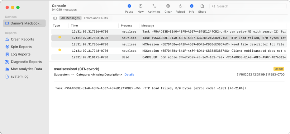 The Console window with a log message selected and details in the bottom pane.